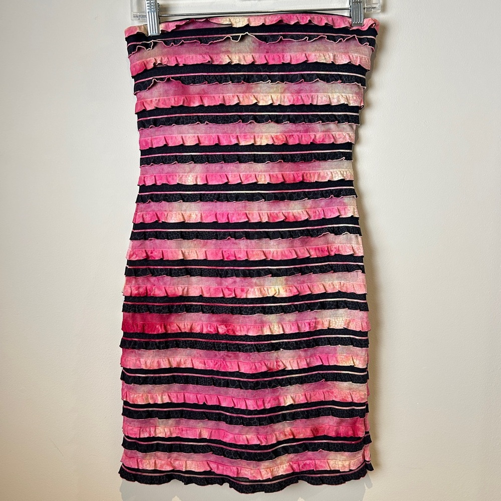 Y2K Barbiecore Strapless Pink & Black Ruffle Stripe “Love Tease” Dress size S